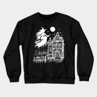 Witch Flying Over Full Moon & Haunted House, Spooky Halloween Gothic Crewneck Sweatshirt